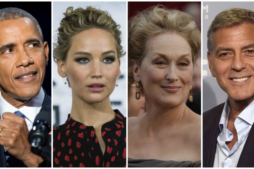 From left: Barack Obama, Jennifer Lawrence, Meryl Streep and George Clooney.