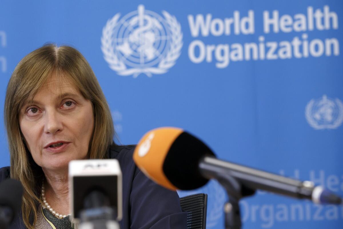 Marie-Paule Kieny, assistant director general of the World Health Organization, speaks during a press conference following a panel of medical ethicists at the headquarters of the World Health Organization (WHO) in Geneva. The use of experimental-stage Ebola drugs is justified, the panel said.