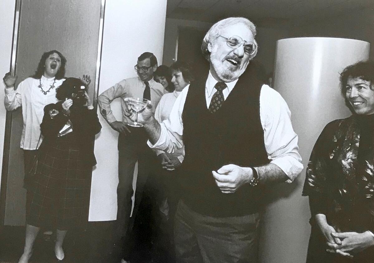Martin Bernheimer celebrates his 1982 Pulitzer Prize win at the Los Angeles Times offices.