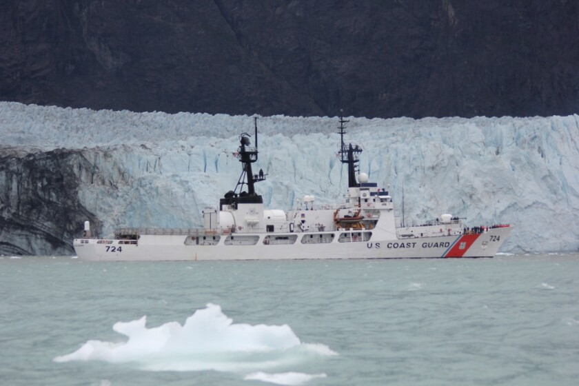The Coast Guard Cutter Douglas Munro sails past Margerie Glacier in Glacier Bay National Park, Alaska, July 15, 2018. Both the victim and the accused were stationed on board the Kodiak, Alaska-based vessel.