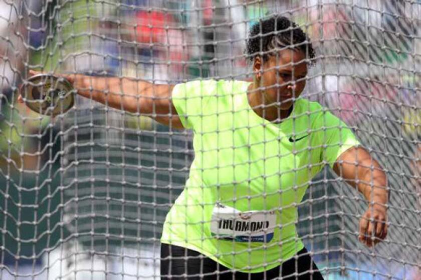 Aretha Thurmond competes in the women's discus at the U.S. Olympic trials in June.
