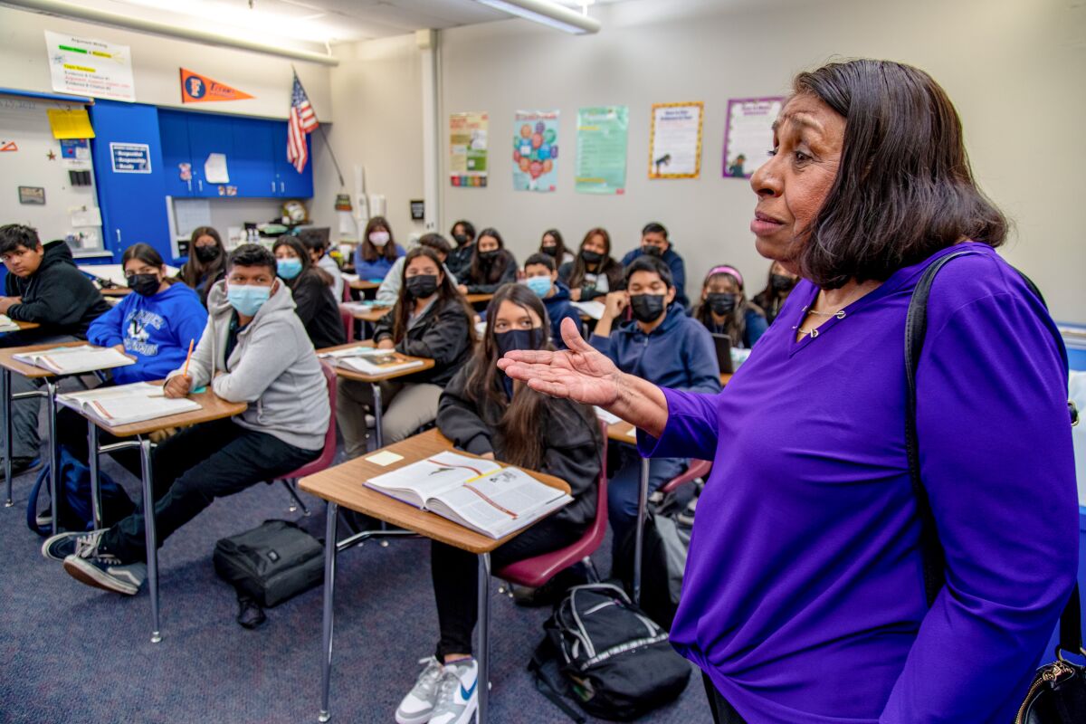 Sylvia Mendez, 85, visits an eighth-grade history class at Mendez Fundamental Intermediate School in Santa Ana.