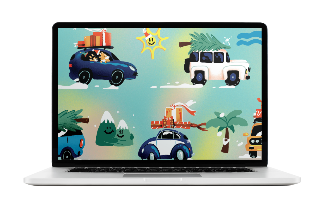 Cars with Christmas trees and presents on their roofs, with a sun, palm trees and snow-capped mountains in the background.