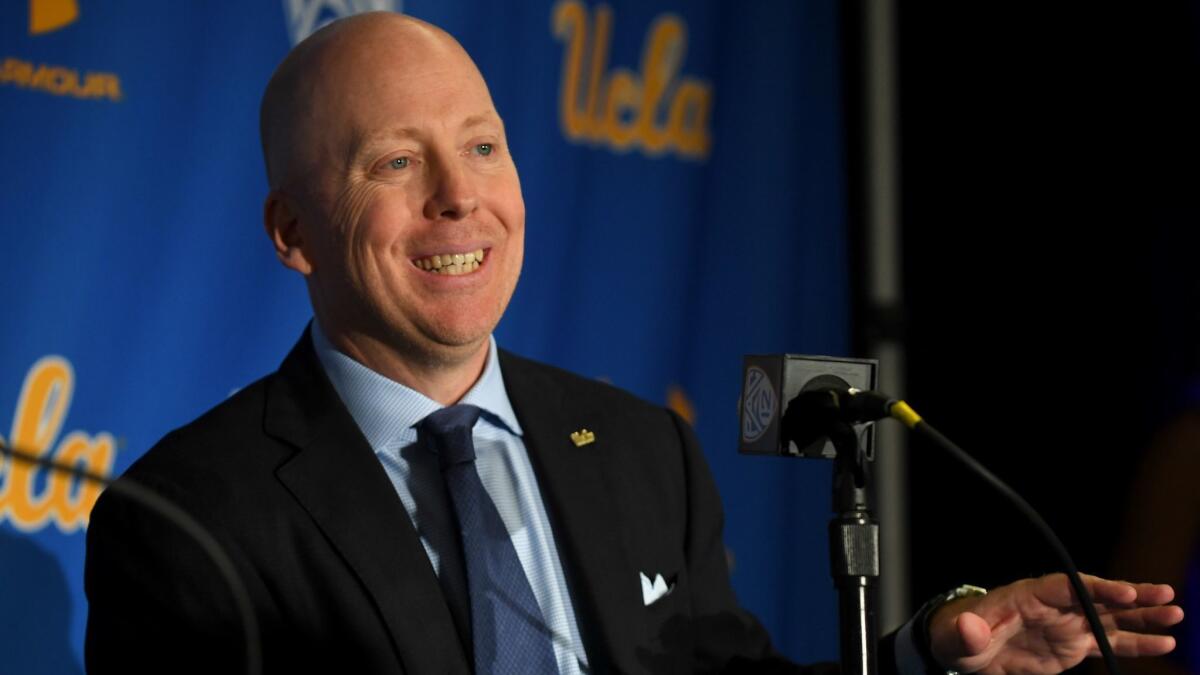 UCLA men’s basketball coach Mick Cronin speaks during his introductory news conference on April 10.