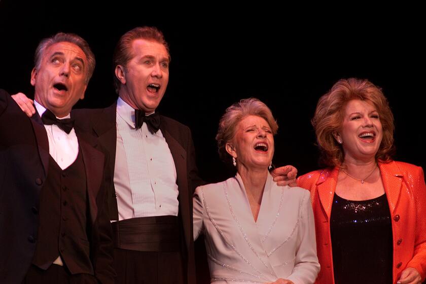 Stage musical "Follies" at the Wadsworth Theatre in Brentwood starring (L to R) Bob Gunton as Ben; Harry Groener as Buddy, Patty Duke as Phyllis; and Vikki Carr as Sally.