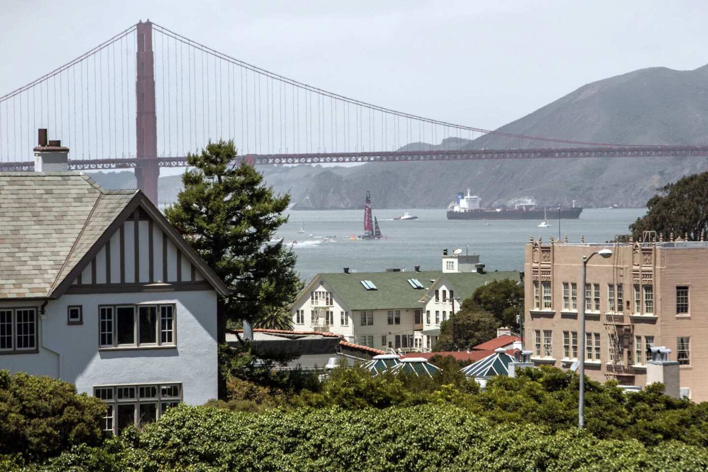 Emirates Team New Zealand sails during the round robin one yacht races of the Luis Vuitton Cup challenger series in the 34th America's Cup in San Francisco