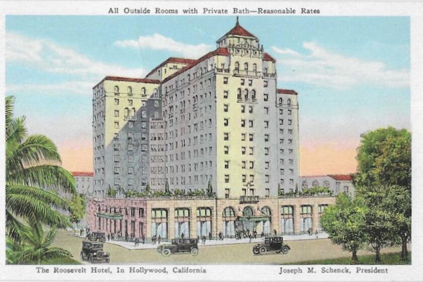 A large hotel building. Text: All outside rooms with private bath -- reasonable rates. Joseph M. Schenck, President