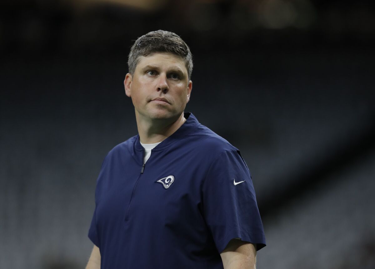 Rams pass game coordinator Shane Waldron is seen before the 2019 NFC championship game against the New Orleans Saints.