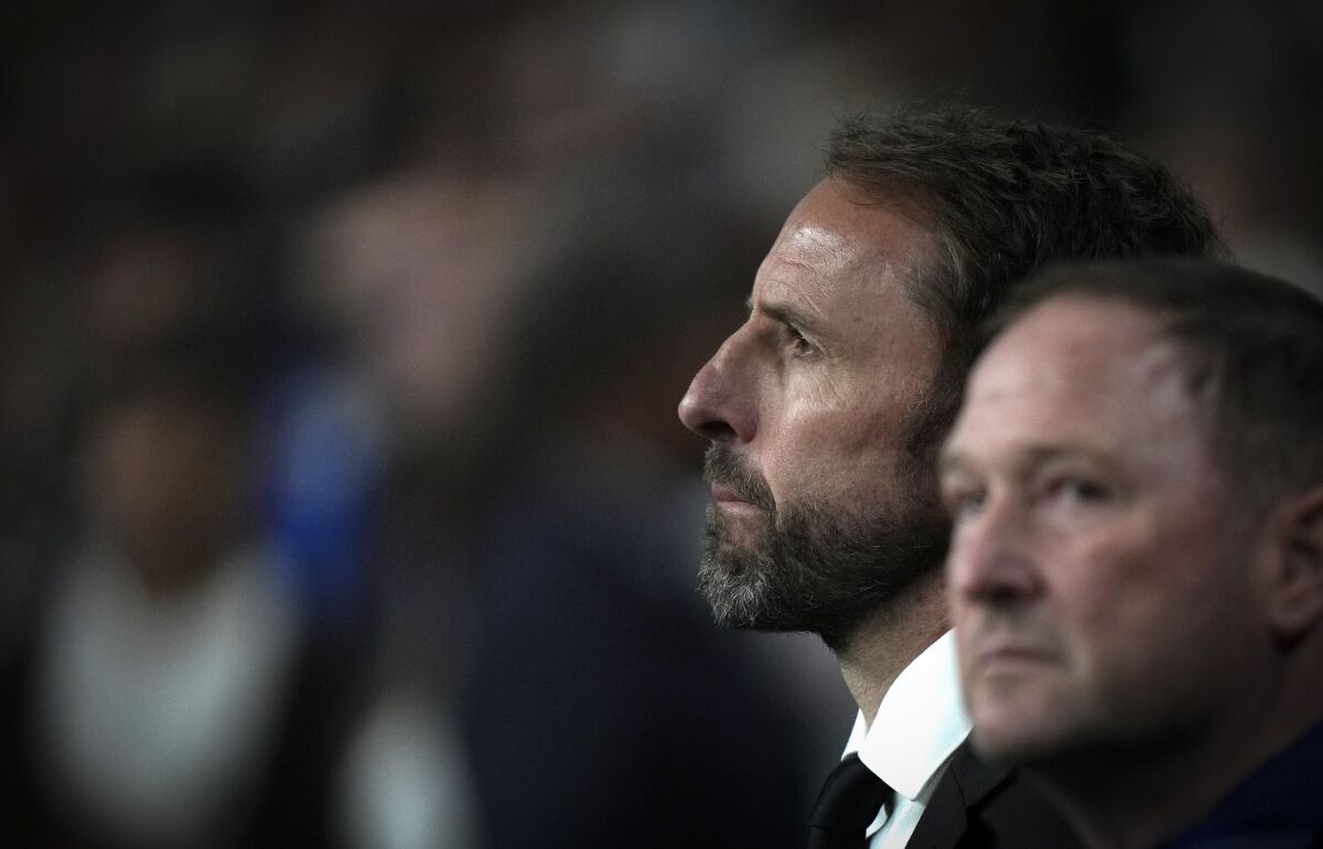 England's head coach Gareth Southgate during the UEFA Nations League soccer match between England and Germany at the Wembley Stadium in London, England, Monday, Sept. 26, 2022. (AP Photo/Alastair Grant)