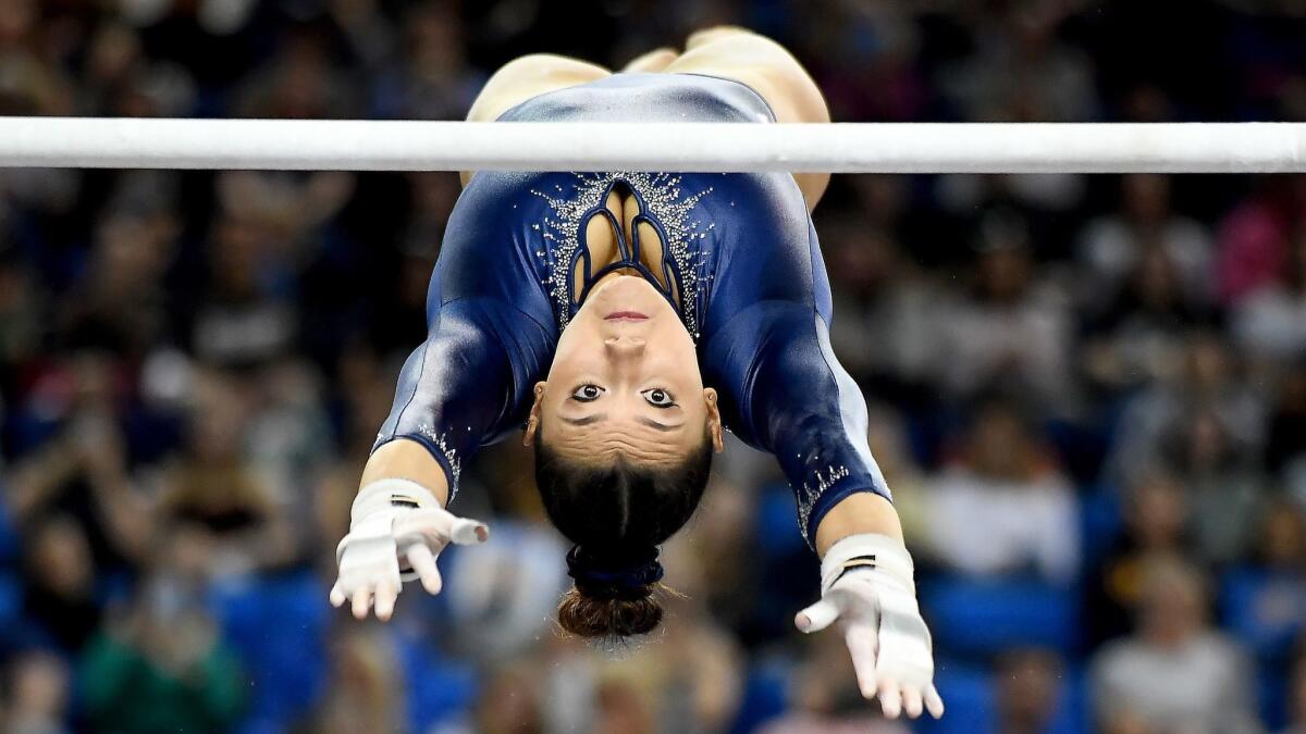 Kyla Ross competes on the uneven bars against Stanford at Pauley Pavillion on March 10, 2019.