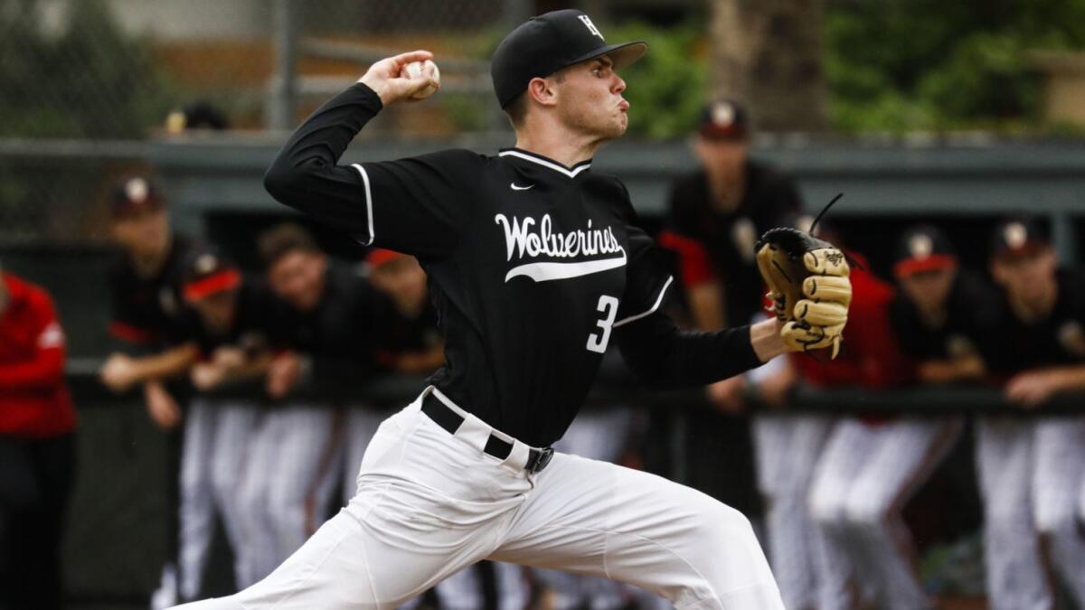 Harvard-Westlake pitcher Sam Hliboki delivers a pitch against Orange Lutheran in the quarterfinals last week.