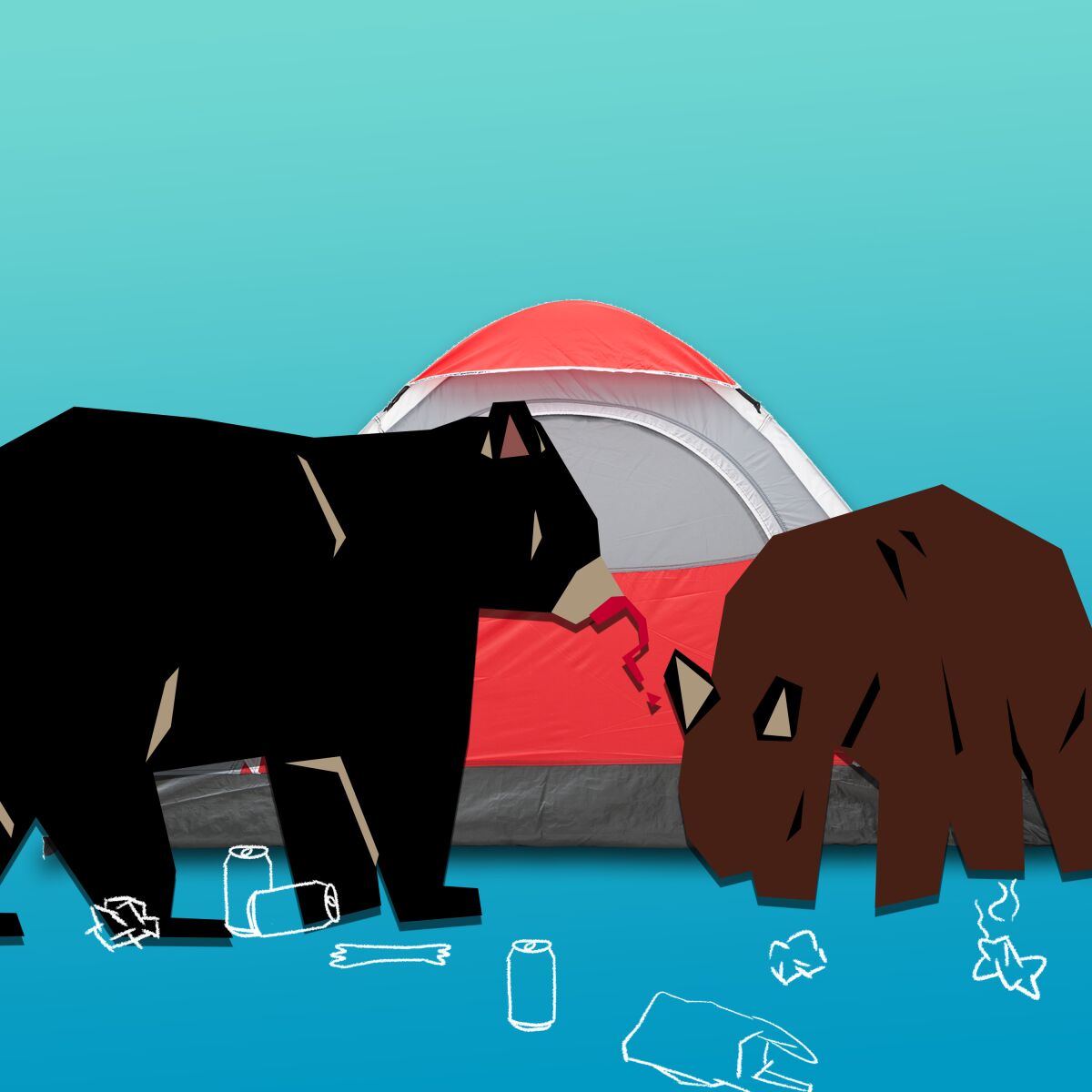 An illustration of two bears eating trash