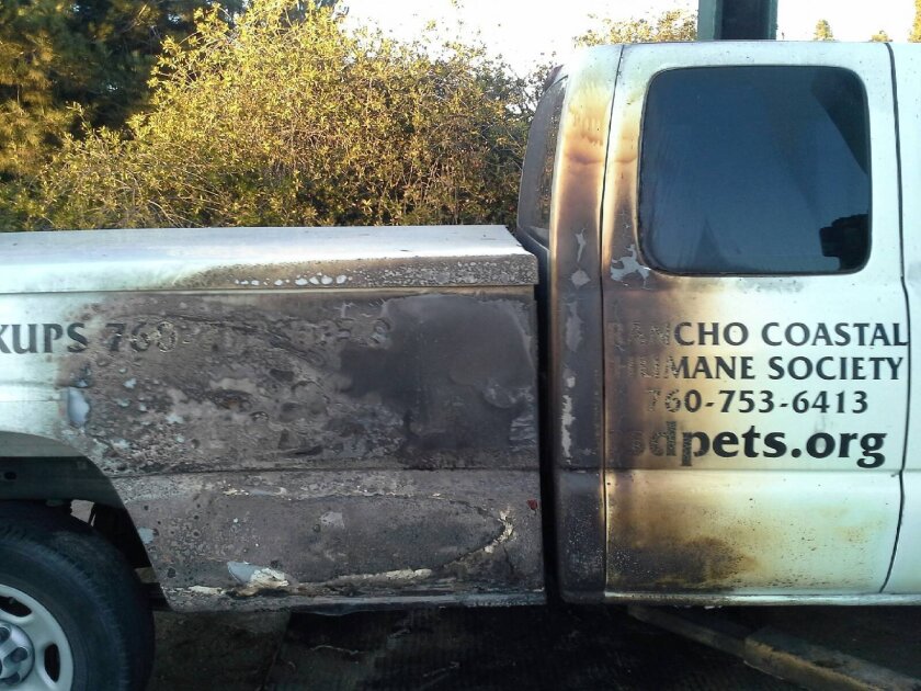 A leak in a pickup truck owned by the Rancho Coastal Humane Society (RCHS) started with a few drops of gasoline and ended in a blaze that destroyed the vehicle.