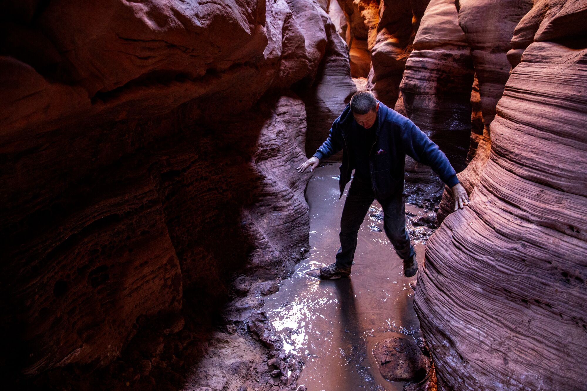 The "cesspool," an obstacle filled with standing, putrid water inside Buckskin Gulch.
