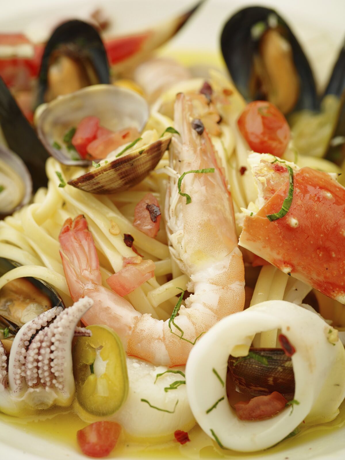 A close-up of an Italian seafood dish.