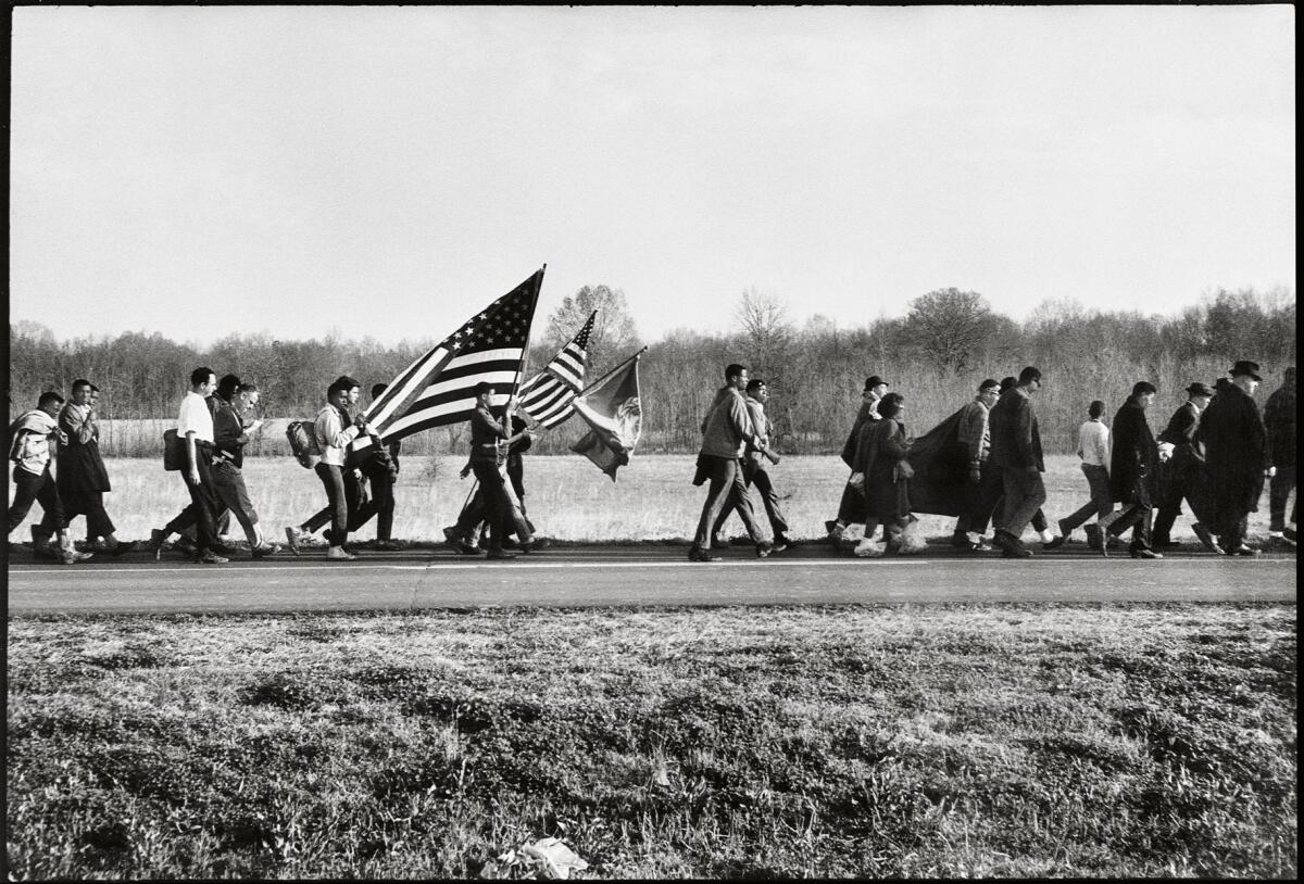 A line of people marching  and waving American flags.
