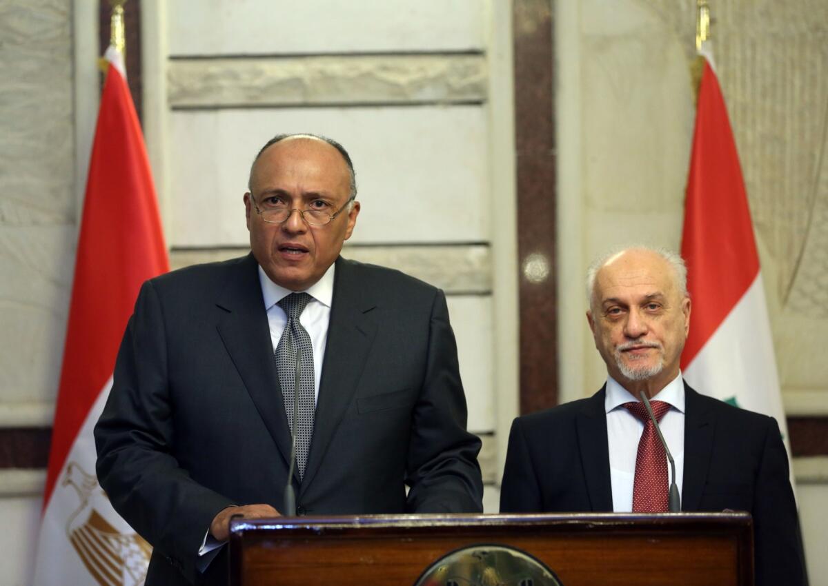 Iraqi Deputy Prime Minister for Energy, Hussein Shahristani and Egyptian Foreign Minister Sameh Shoukry, left, at a press conference in Baghdad, Iraq.