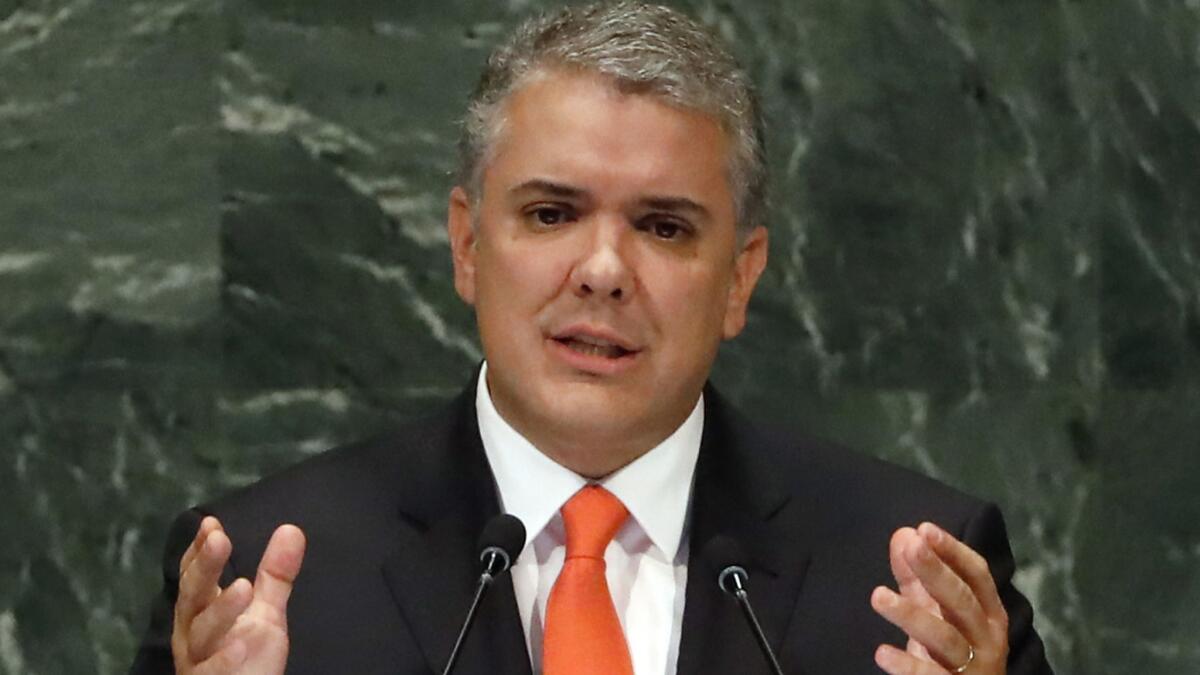 Colombian President Ivan Duque addresses the United Nations General Assembly in September. Duque has been leading a diplomatic effort in Latin America to isolate Venezuela's socialist government and its president, Nicolas Maduro.