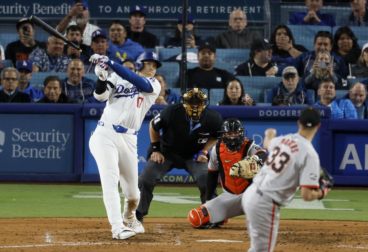 Dodgers designated hitter Shohei Ohtani hit his first home run of the season in the seventh inning Wednesday night.