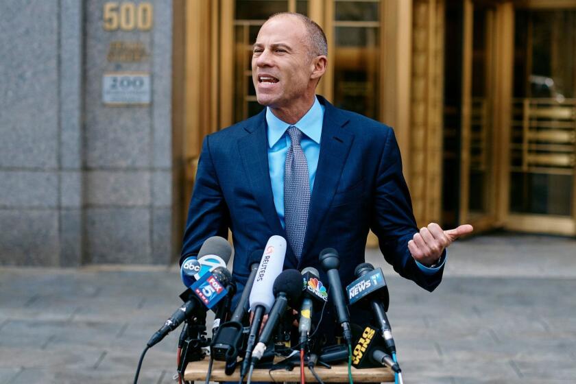 Michael Avenatti attorney and spokesperson for adult film actress Stormy Daniels speaks during a press conference at Federal court, Friday, April 13, 2018, in New York. A hearing has been scheduled before U.S. District Judge Kimba Wood to address President Donald Trump's personal attorney, Michael Cohen's request for a temporary restraining order related to the judicial warrant that authorized a search of his Manhattan office, apartment and hotel room this week. (AP Photo/Andres Kudacki)