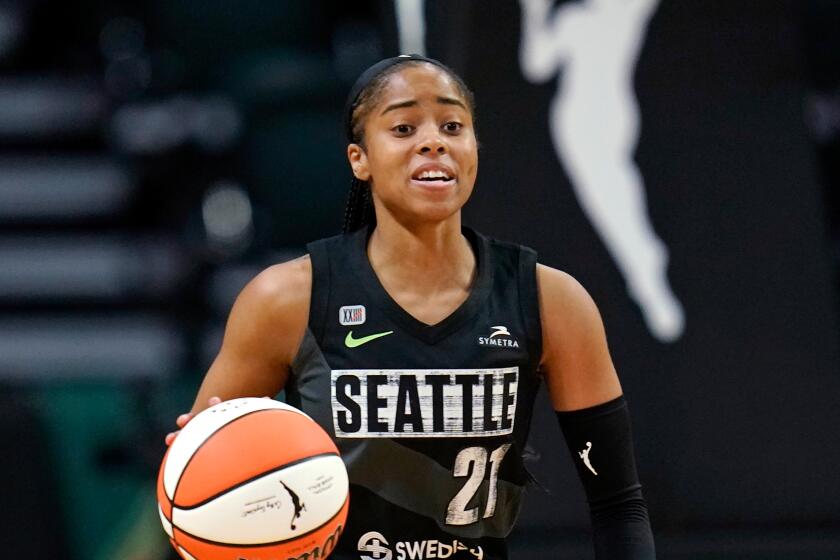 Seattle Storm's Jordin Canada in action against the Las Vegas Aces during a WNBA basketball game Saturday, May 15, 2021, in Everett, Wash. (AP Photo/Elaine Thompson)