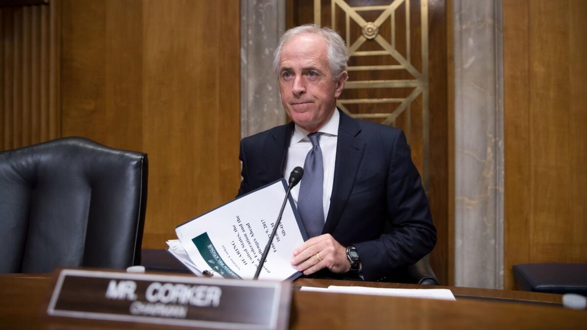 Sen. Bob Corker, R-Tenn., arrives to lead a hearing about the future of U.S. relations with Russia on Capitol Hill in Washington on Feb. 9.