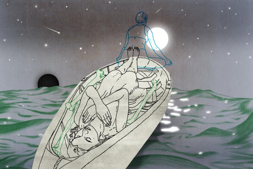 Mixed media collage  of a woman lying down in a boat and also sitting up, floating on water under the moon and starry sky 