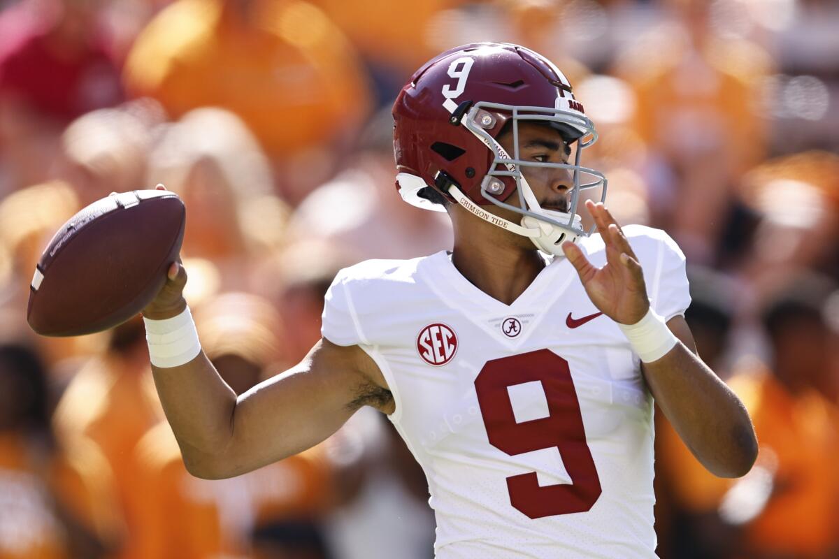 Alabama quarterback Bryce Young (9) warms up before an NCAA college football game against Tennessee, Saturday, Oct. 15, 2022, in Knoxville, Tenn. (AP Photo/Wade Payne)