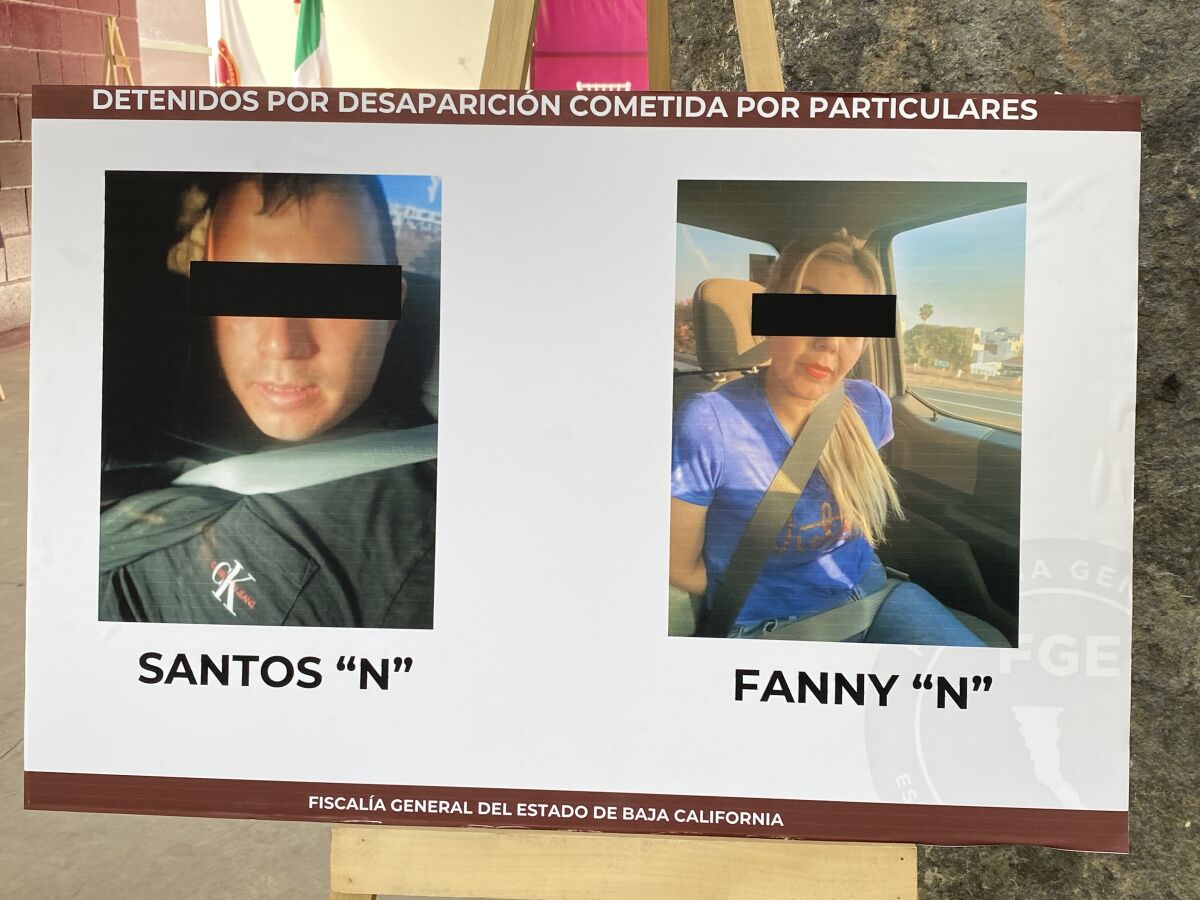 Poster shows suspects Santos N and Fanny N in custody, with black bars over their eyes