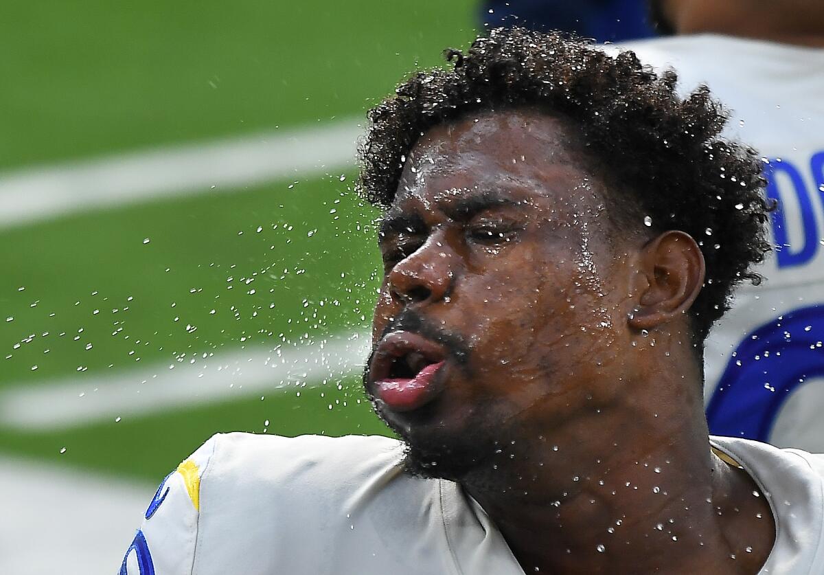 Rams defensive lineman Sebastian Joseph-Day cools off on the sideline.