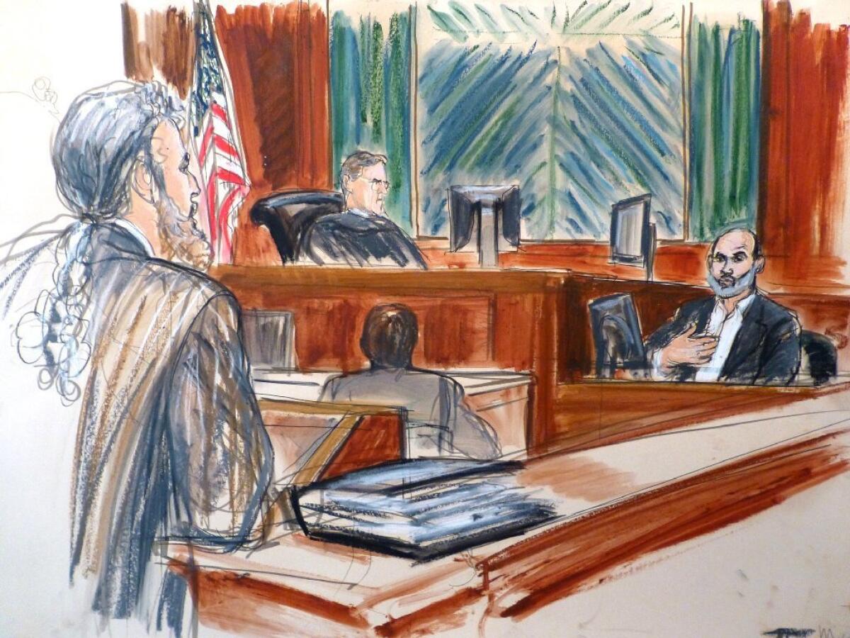An artist's sketch shows Sulaiman abu Ghaith, right, testifying in his terrorism trial in New York last week. Jurors begin deliberating Abu Ghaith's fate Tuesday.