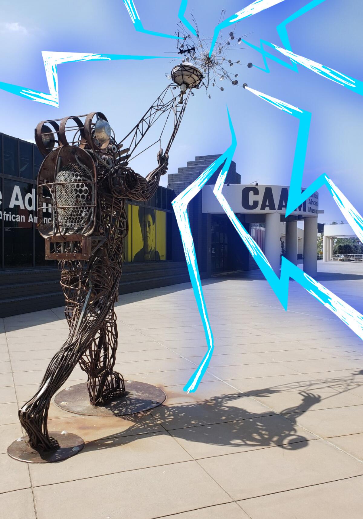 A metal art sculpture of a figure with illustrated lightning around it. 