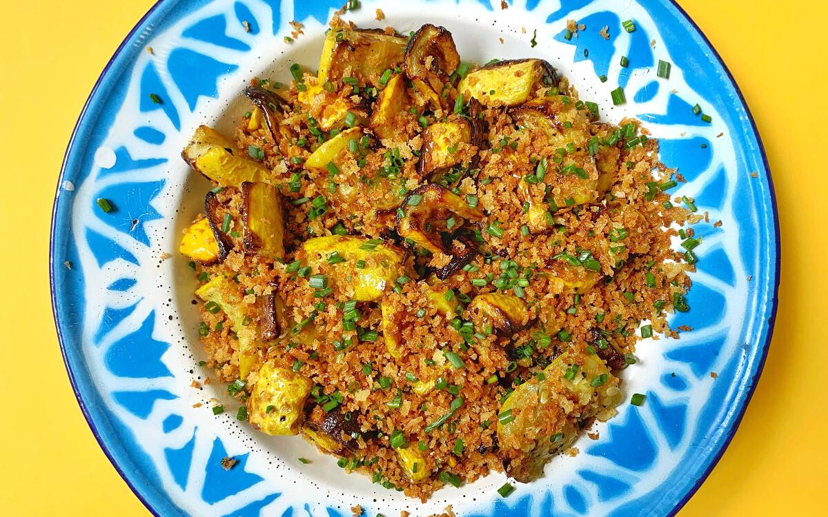 Summer squash, topped with crunchy breadcrumbs and chives, turns out deeply caramelized and flavorful in an air fryer.