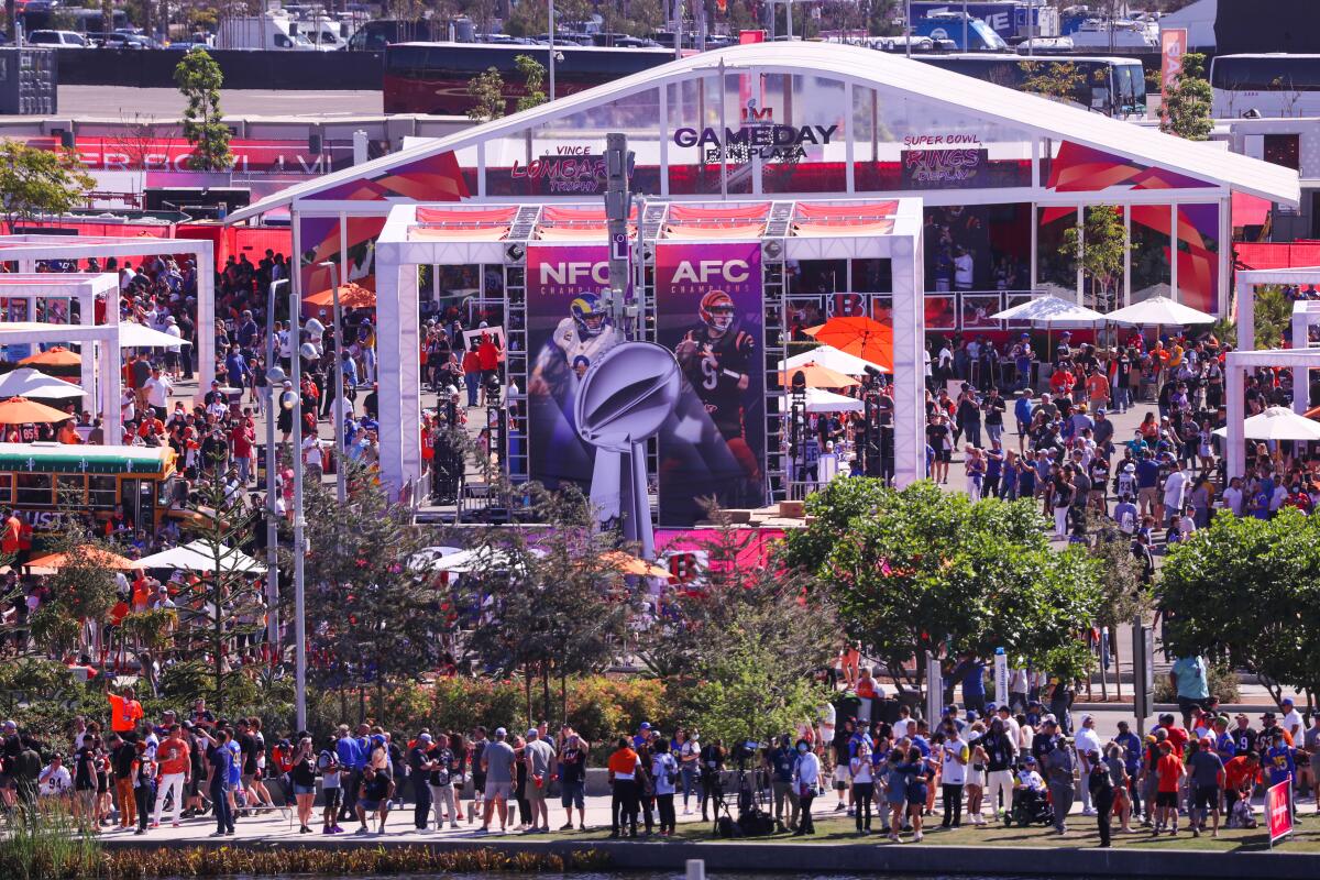 Fans gather outside SoFi Stadium before the start of the Super Bowl.