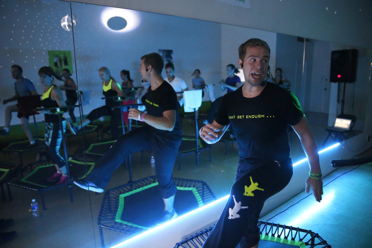 Jakub Novotny teaches a trampoline jumping class at Jumping Fitness in Redondo Beach.