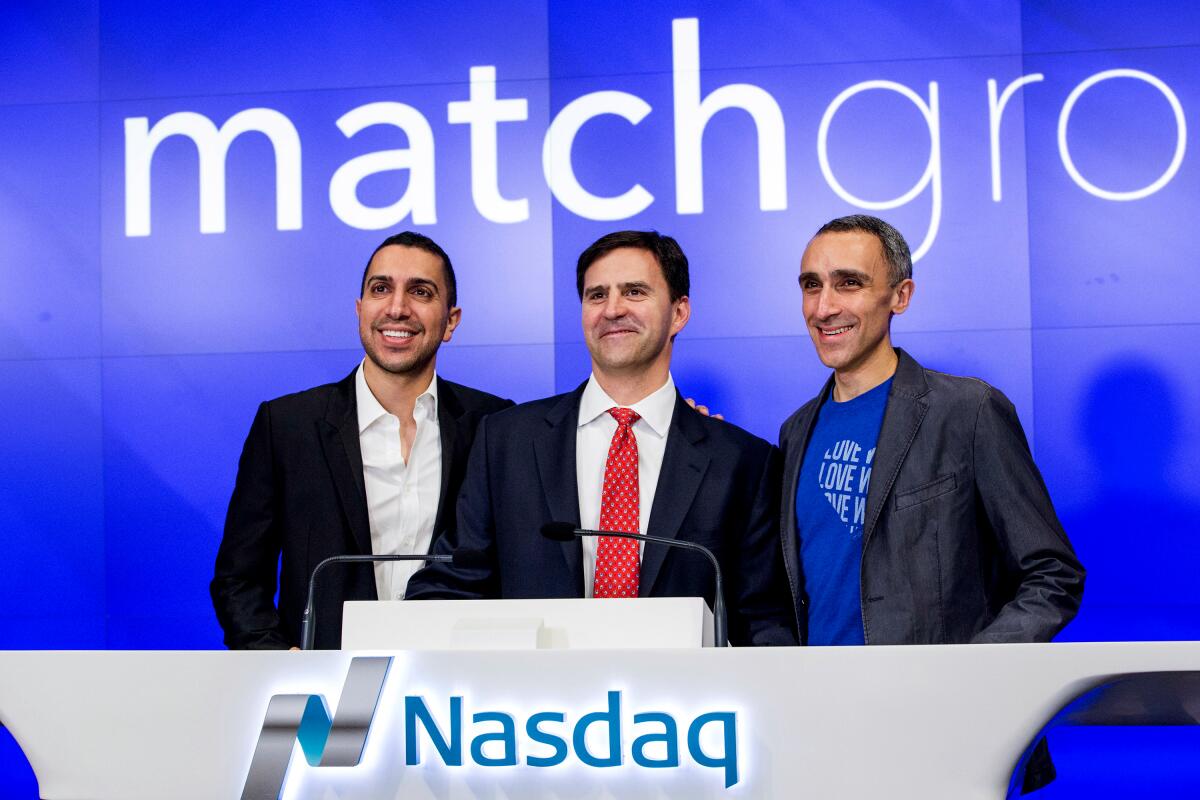 Tinder co-founder Sean Rad, left, with former Match Group CEO Greg Blatt, center, and OkCupid co-founder Sam Yagan in 2015. 