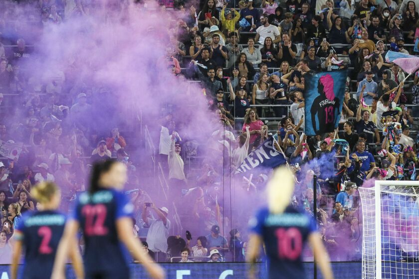 San Diego, CA - September 17: A sold out crowd cheers after the San Diego Wave scored the first goal during their game against Angel City at Snapdragon Stadium on Saturday, Sept. 17, 2022 in San Diego, CA. (Meg McLaughlin / The San Diego Union-Tribune)