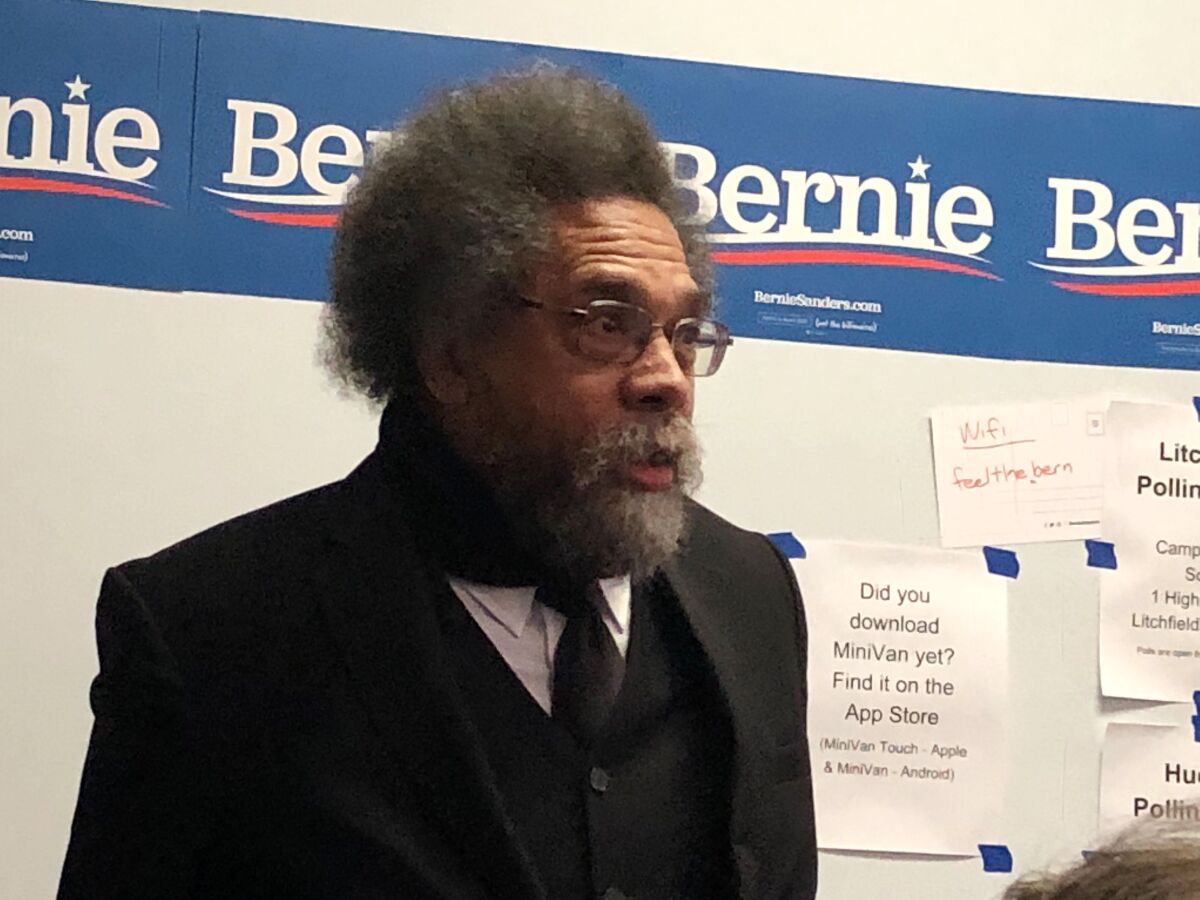 Cornel West, longtime racial justice scholar and Bernie Sanders’ campaign co-chair, made an appearance at a Nashua, N.H.-area field office where volunteers were preparing to go knock on doors.