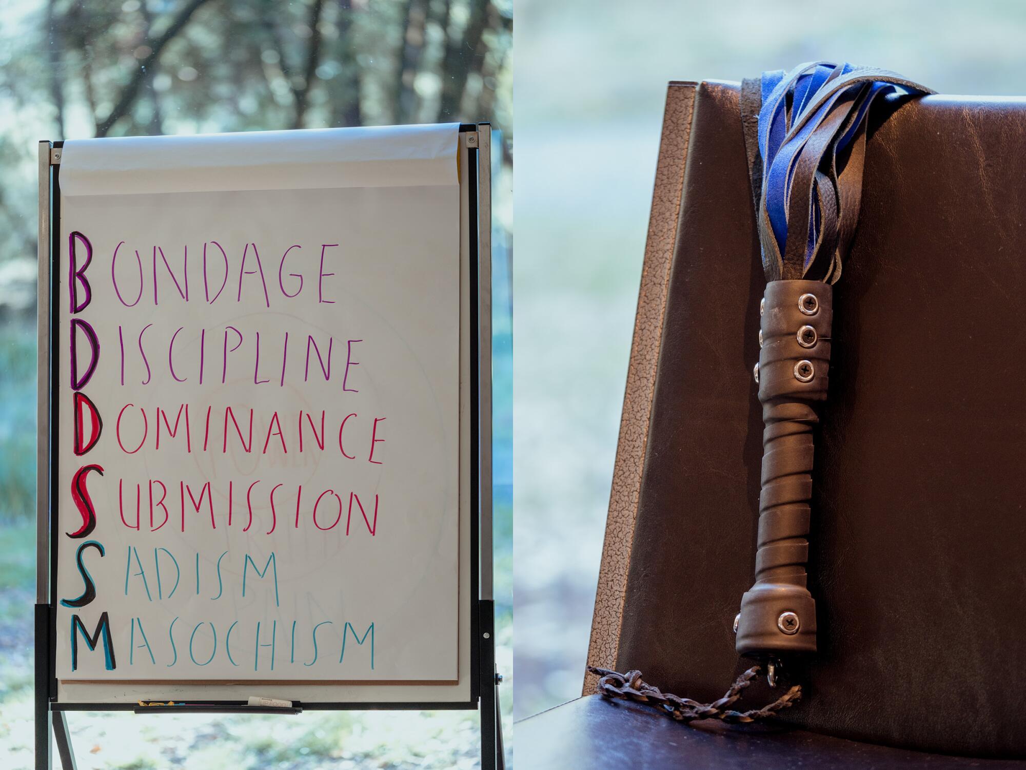 Two images side by side, one of a leather whip, right, and the other of a notebook showing the acronym for BDSM.