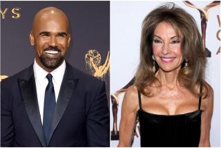 Split: left, Shemar Moore wears a navy blue suit and tie as he poses for photos; right, Susan Lucci wears a black dress