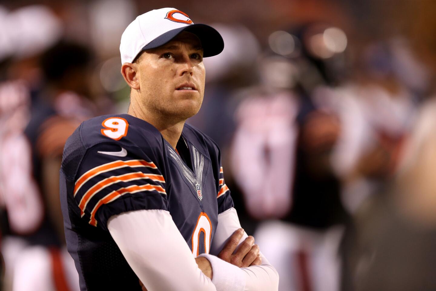 Robbie Gould stands on the sideline in the first half of a preseason game against the Browns at Soldier Field.