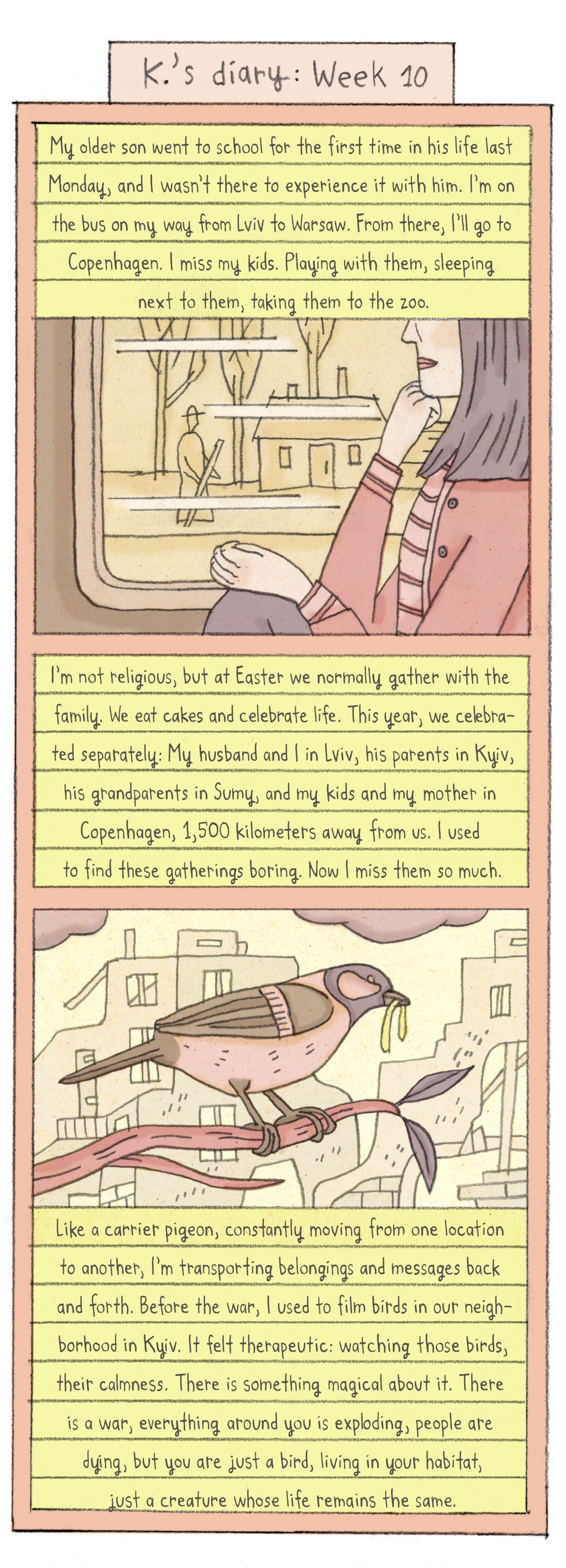 comic depicting a woman on a bus looking out the window. Below a bird on a limb with war-torn buildings behind.