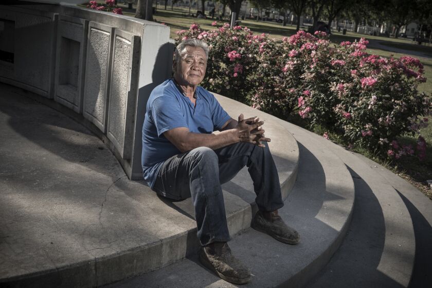 MAY 21, 2018 SAN JOSSE, CA. Juan Romero the busboy who was with Robert Kennedy during his assassination in Los Angeles in 1968, poses at a memorial for him in downtown San Jose. The memorial marks the spot of a speech the presidential candidate gave a week before he was killed. David Butow/for the Times.