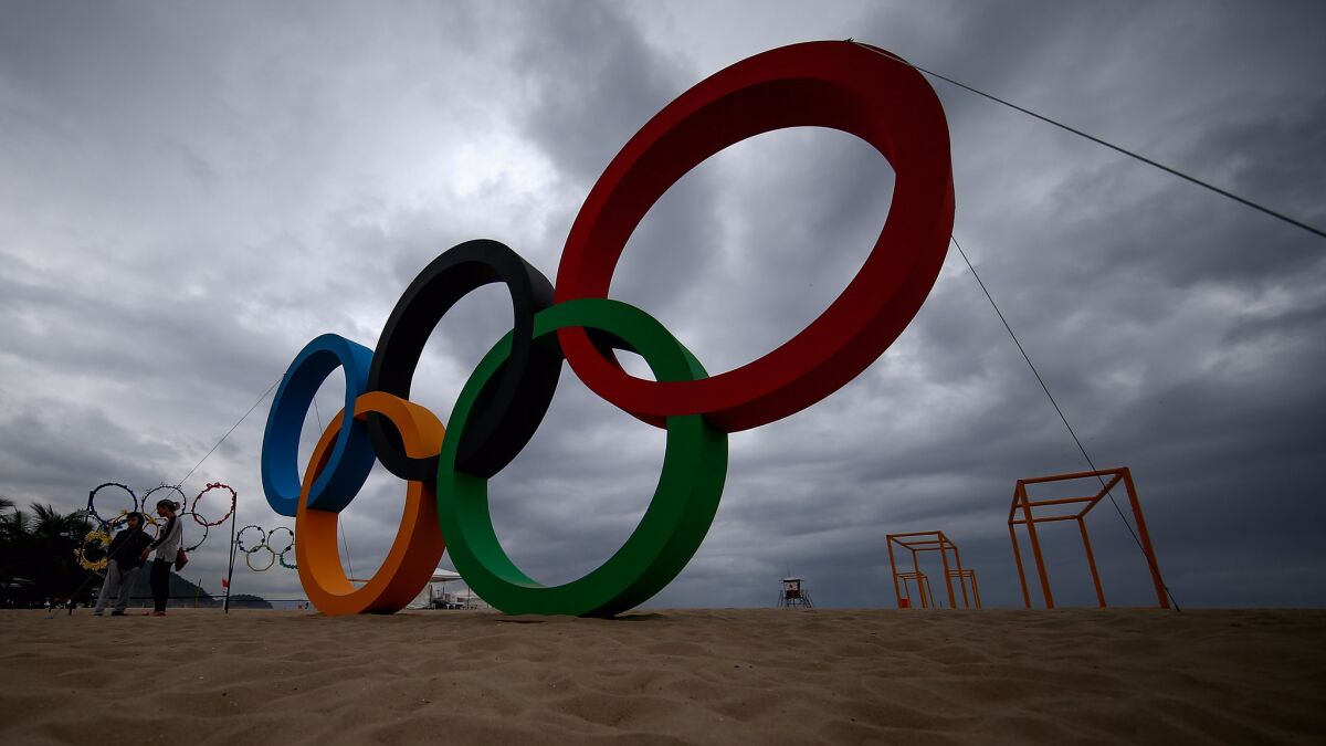Olympic Rings have been erected on Copacabana Beach, site of the beach volleyball competition, at the Rio de Janeiro Olympics, which start Aug. 5.