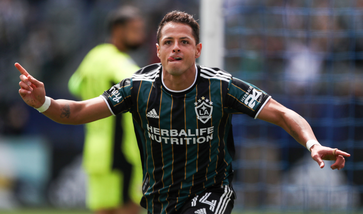 Javier “Chicharito” Hernández celebrates after scoring during the first half of a 3-2 win.