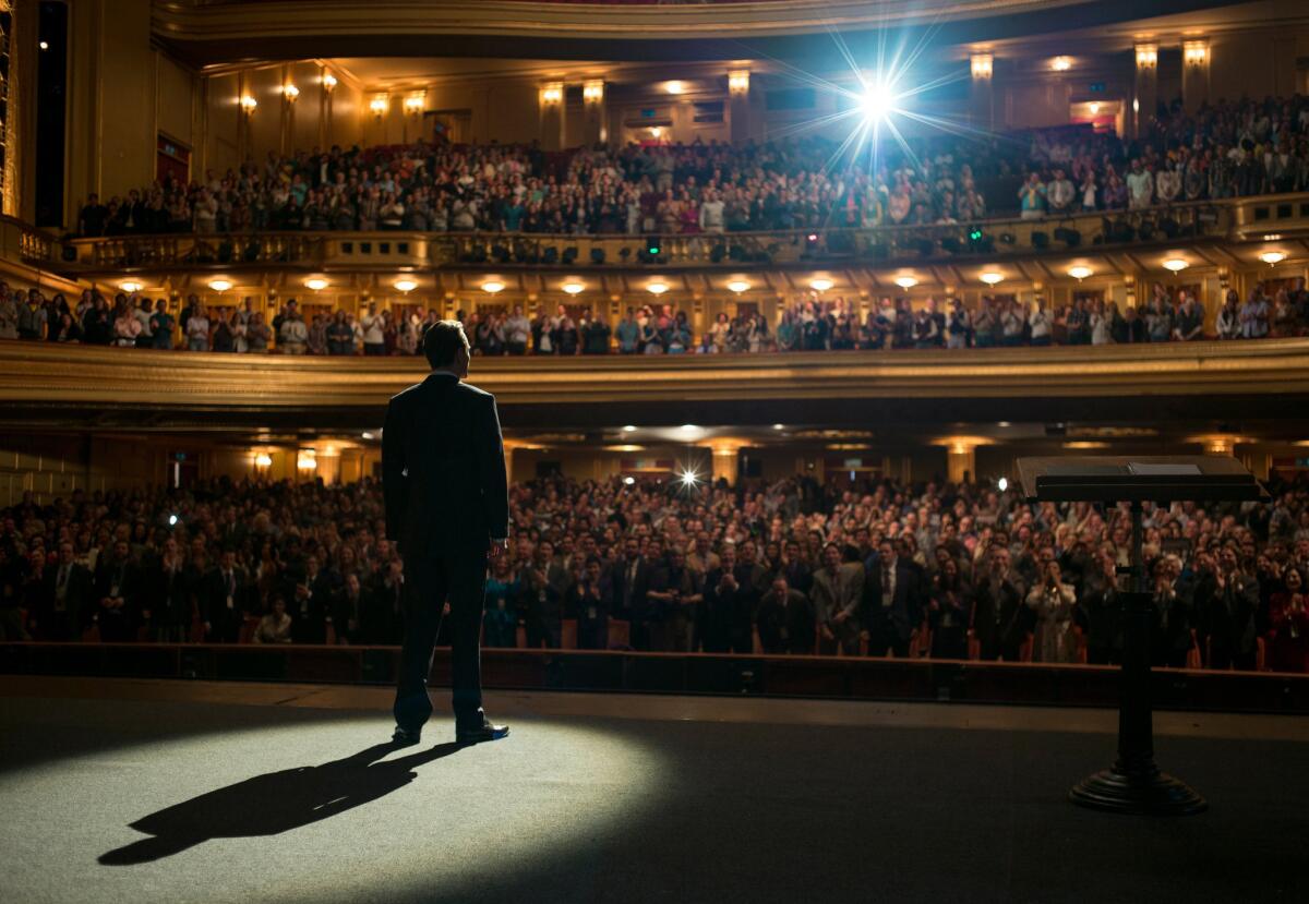 Michael Fassbender in a scene from "Steve Jobs" that takes place at the War Memorial Opera House in San Francisco.