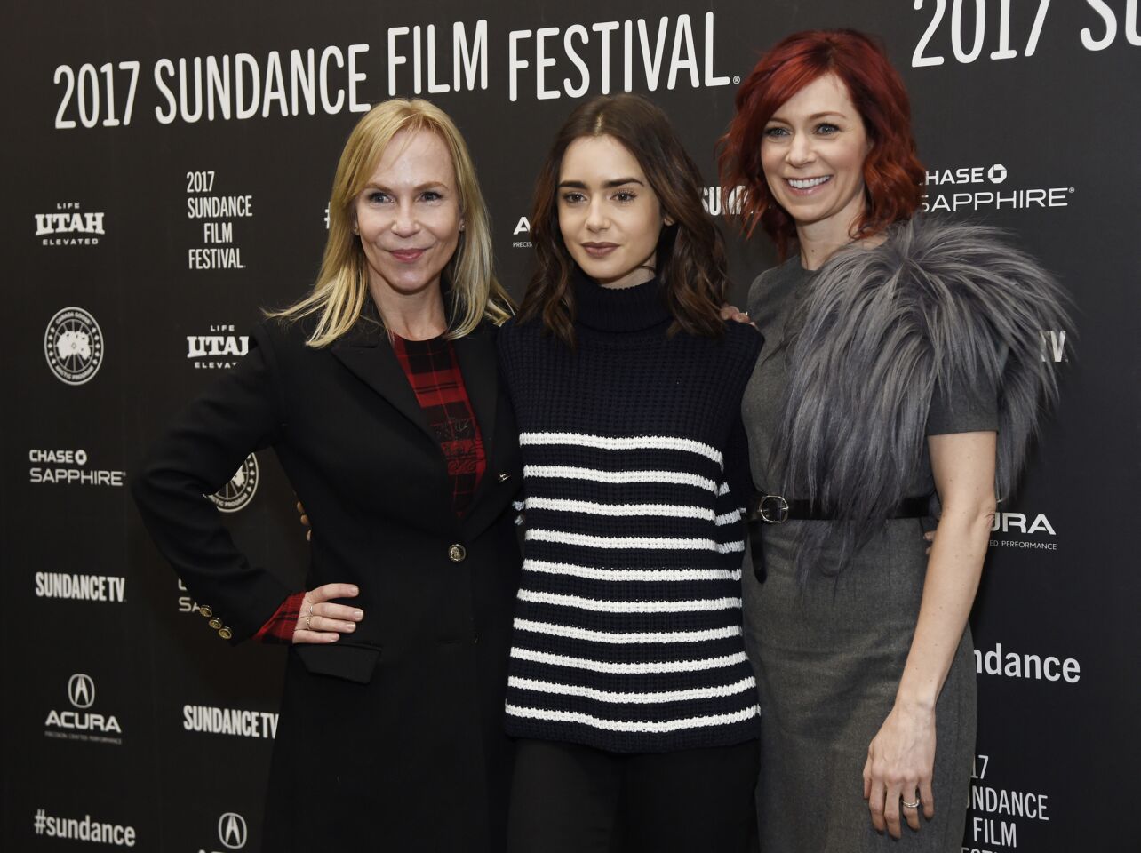 Marti Noxon, left, writer and director of "To the Bone," poses with cast members Lily Collins, center, and Carrie Preston at the Jan. 22 premiere of the film in Park City Utah, during the 2017 Sundance Film Festival.