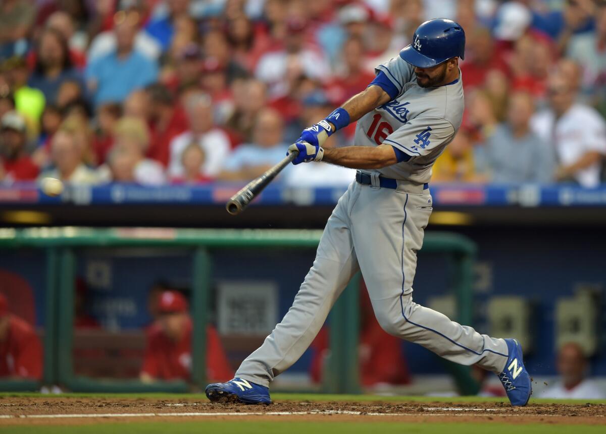 Dodgers outfielder Andre Ethier knocks a base hit against the Phillies.