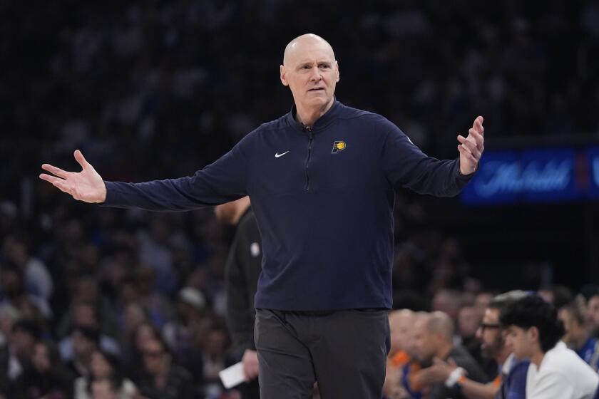 Indiana Pacers coach Rick Carlisle reacts during the first half of Game 2 of the team's NBA basketball second-round playoff series against the New York Knicks, Wednesday, May 8, 2024, in New York. (AP Photo/Frank Franklin II)