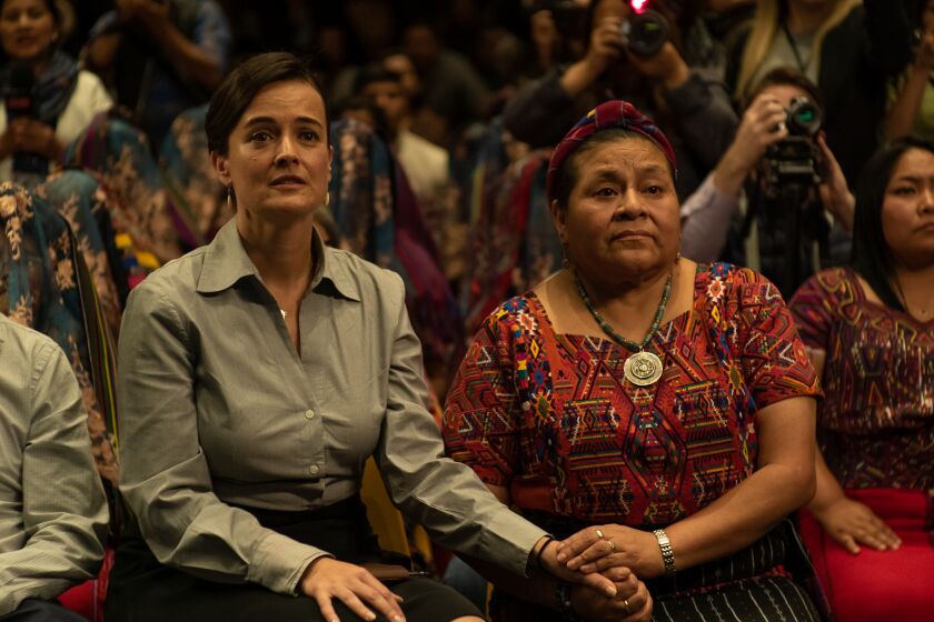 Rigoberta Menchu (right) in a scene from " La Llorona." Credit: Shudder